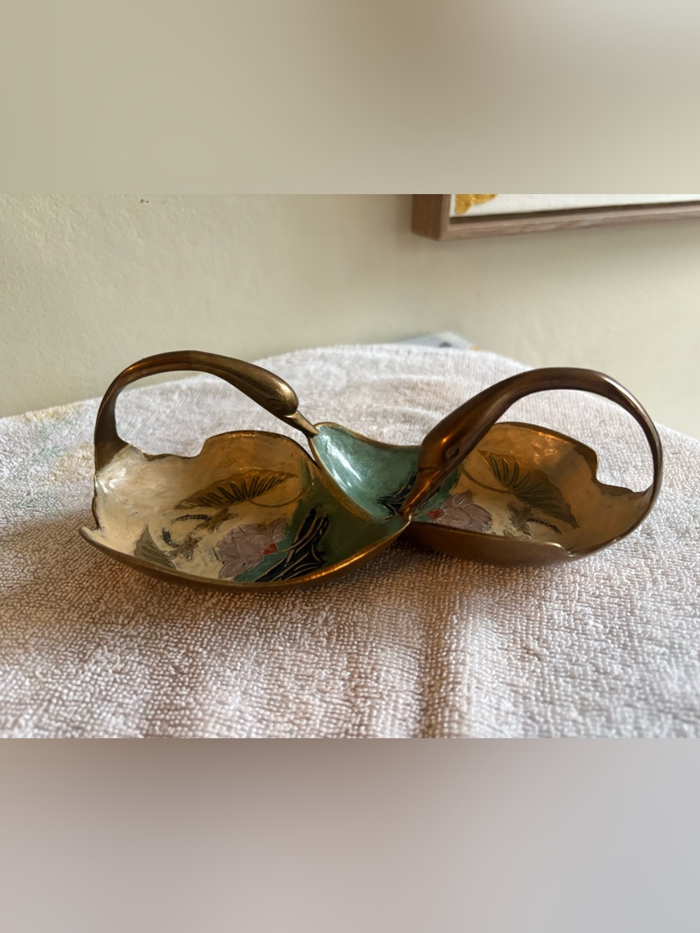 Vintage Brass & Cloisonné Enamel Double Swan Trinket Dish
